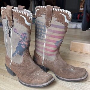 Ariat Brown sueded Cowboy Boots with bull rider and US flag design